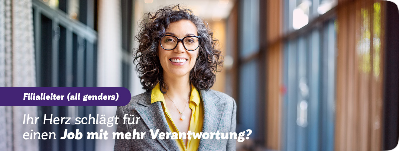 Frau lächelt in die Kamera. Slogan: „Ihr Herz schlägt für einen Job mit mehr Verantwortung?“