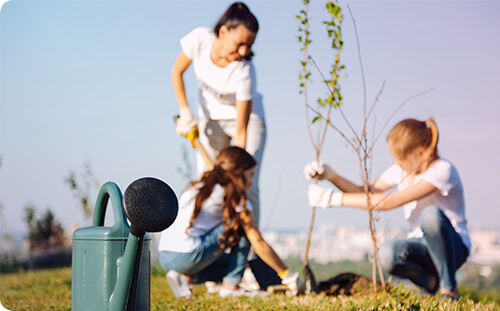 Zwei Frauen pflanzen einen Baum.