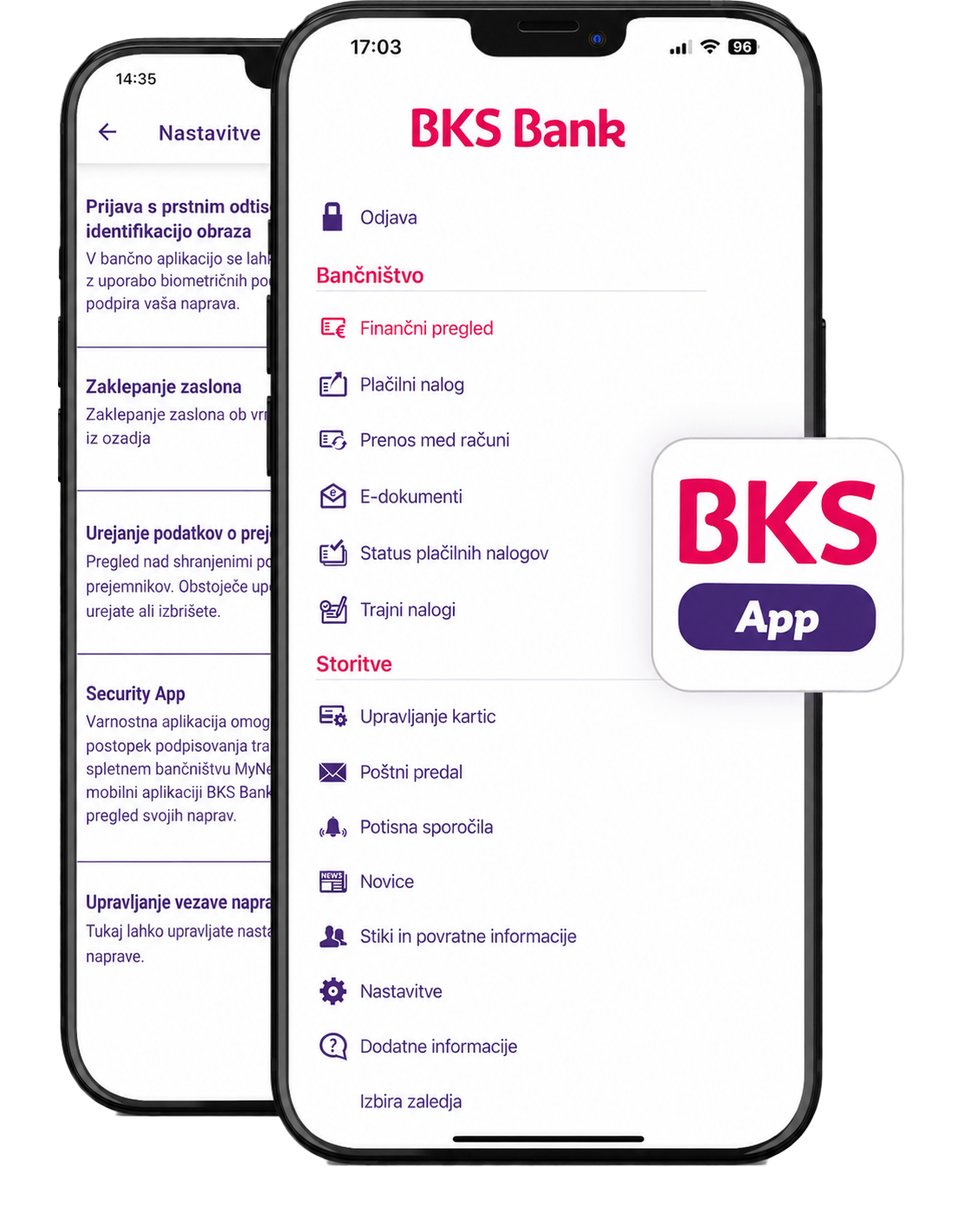 Dva pametna telefona z odprto BKS App.