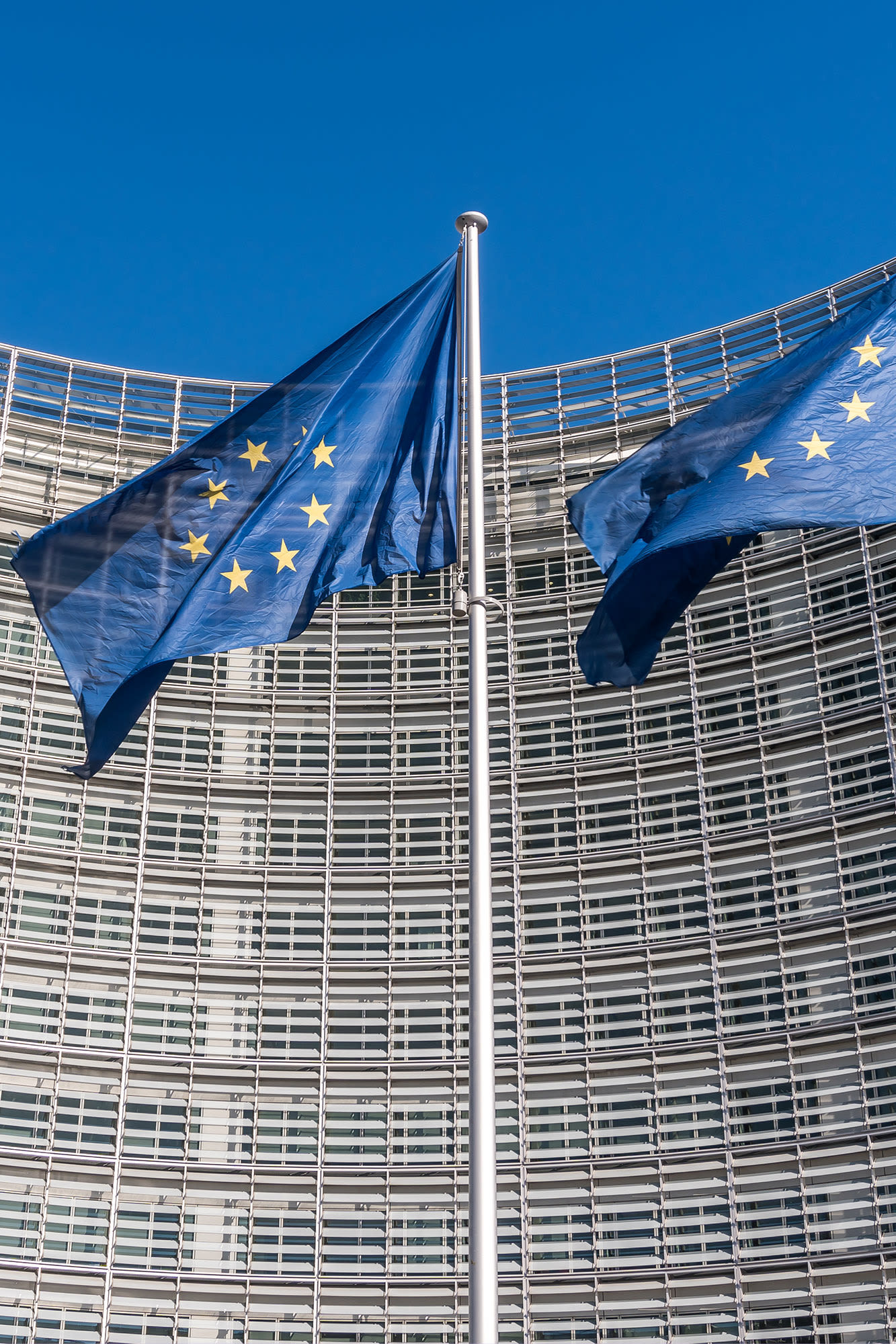 Zastave EU pred stavbo Evropske komisije - banka BKS podpira stranke s trajnostnimi naložbami, skladnimi z zakonodajo EU.