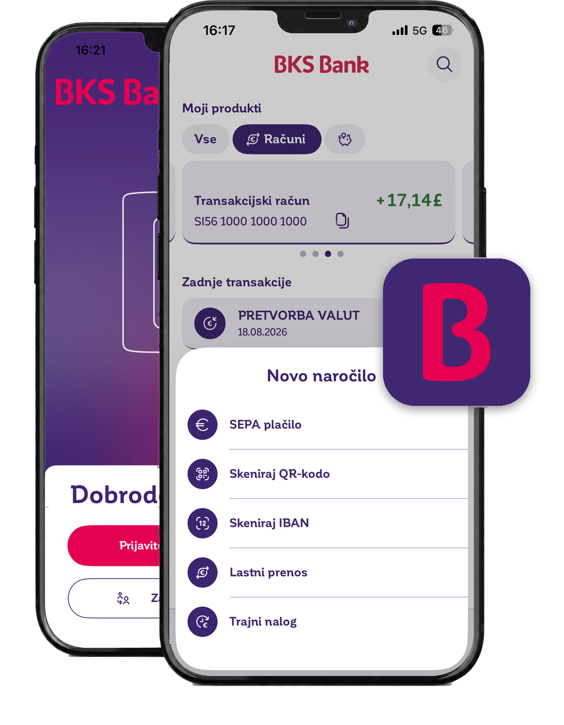 BKS App - dva pametna telefona z odprto aplikacijo BKS App - dva pametna telefona z odprto aplikacijo